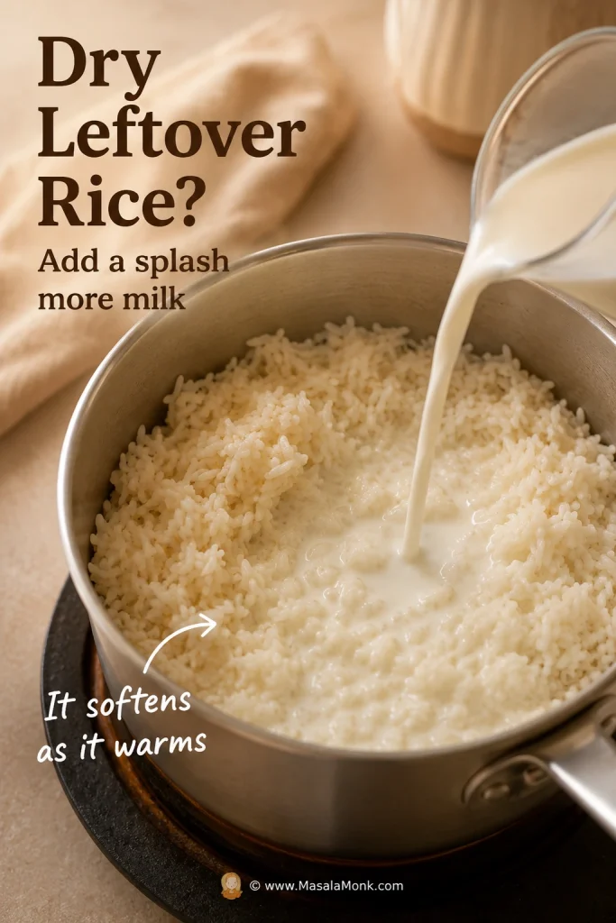 Dry leftover cooked rice in a saucepan being loosened with milk for rice pudding.