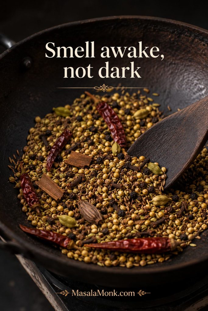 Whole spices dry roasting in a dark pan with coriander, cumin, fennel, dried red chillies, black cardamom, bay leaf, and cloves.