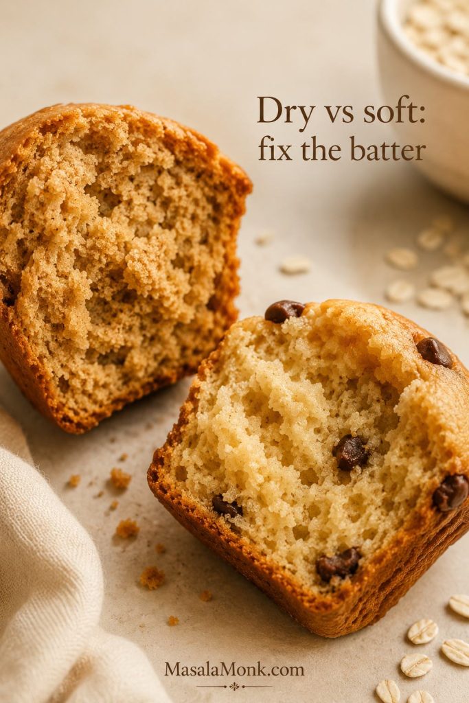 Dry protein muffin crumb compared with soft moist protein muffin crumb for troubleshooting.