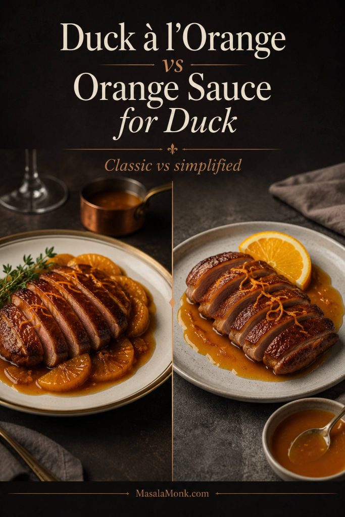 Comparison board showing classic duck à l’orange and a simpler orange sauce for duck