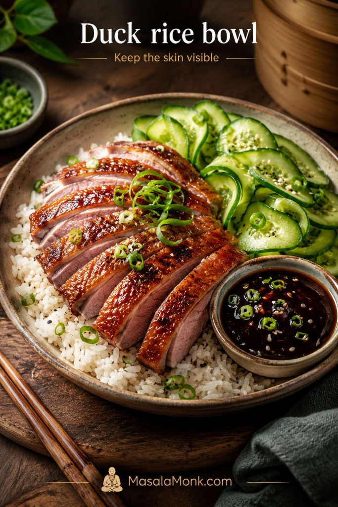 Sliced duck breast over jasmine rice with cucumber, scallions, and dark soy-hoisin or plum glaze on the side