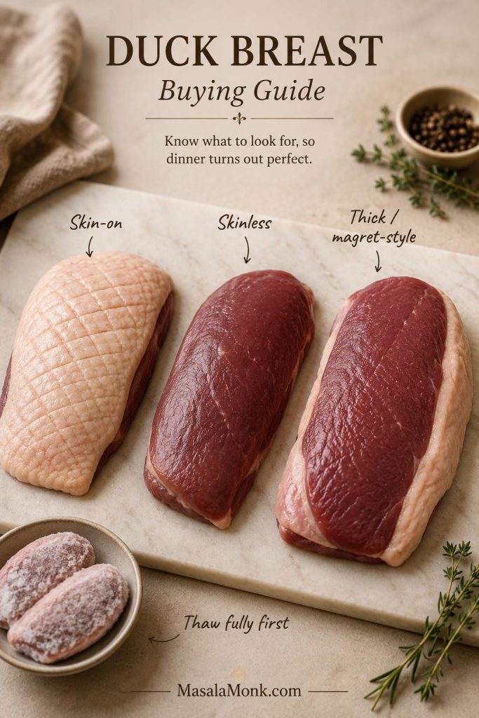 Duck breast buying guide showing skin-on duck breast, skinless duck breast, frozen duck, and thick magret-style duck breast