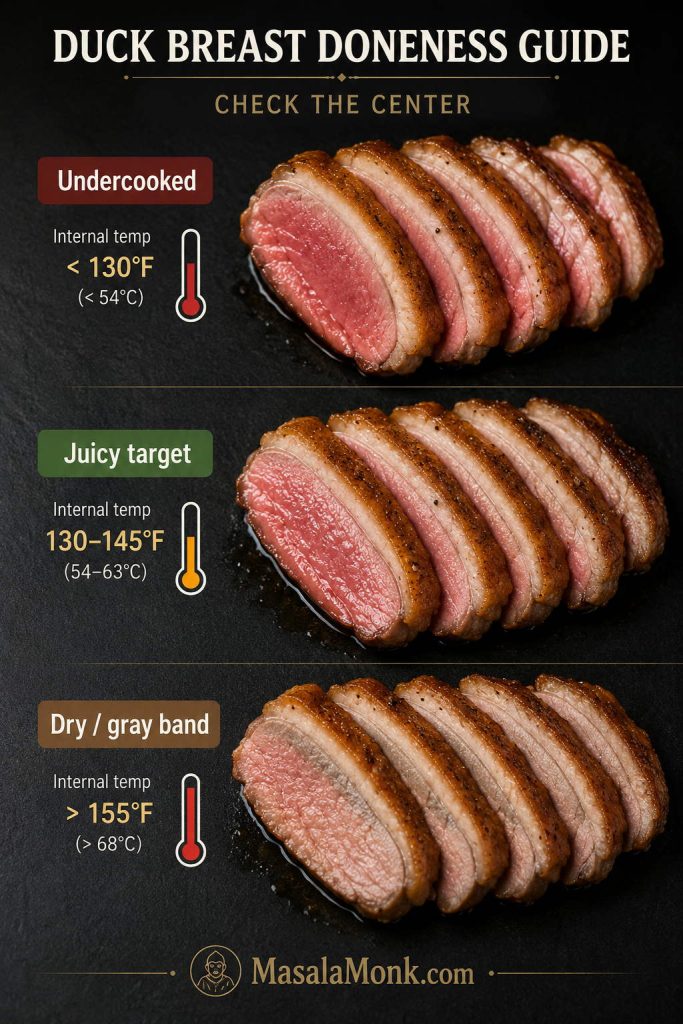 Duck breast doneness guide comparing undercooked center, juicy target slices, and dry gray band