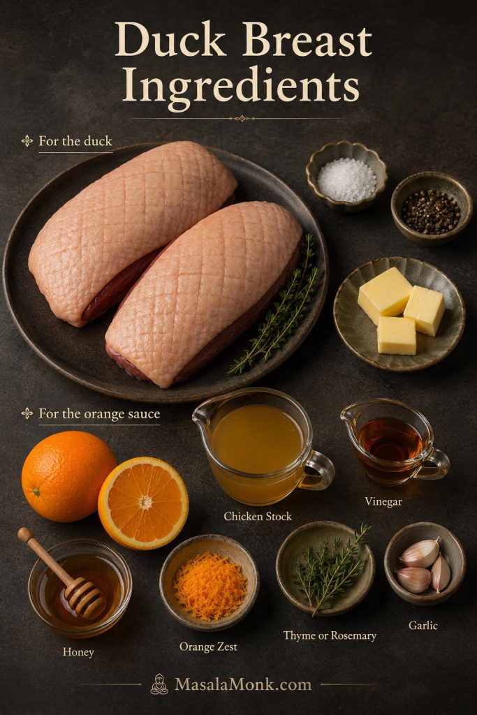Raw skin-on duck breasts with salt, pepper, orange, butter, stock, vinegar, honey, herbs, garlic, and orange zest