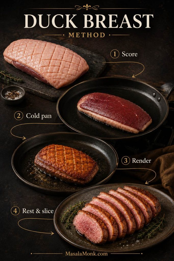 Four-step duck breast method showing scored breast, cold pan start, rendered skin, and sliced cooked duck