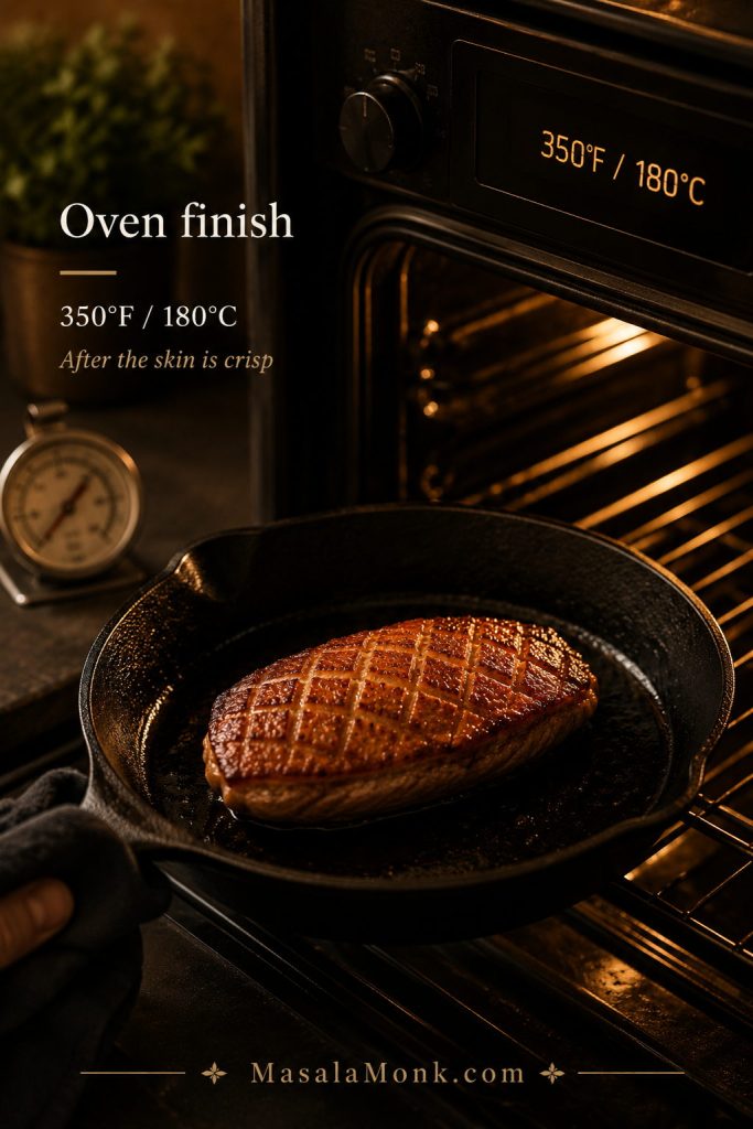 Crisp-skinned duck breast in an oven-safe skillet being finished in a 350°F oven with a thermometer nearby