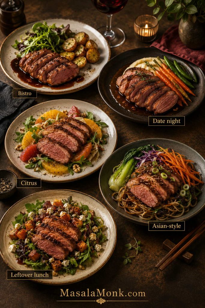 Five duck breast meal ideas labeled bistro, date night, citrus, Asian-style, and leftover lunch