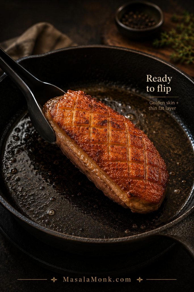 Duck breast lifted from a skillet to show golden crispy scored skin and a thin rendered fat layer