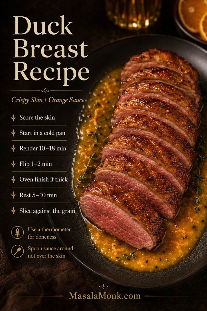 Duck breast recipe card with cold-pan method, timing, temperature, orange sauce, and sauce placement note