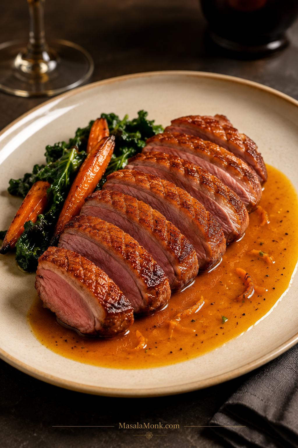 Sliced duck breast with crispy scored skin, pink center, orange sauce, greens, and potatoes on a dinner plate