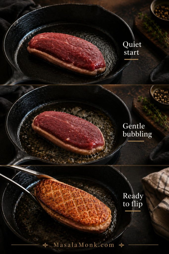 Duck breast rendering guide showing quiet start, gentle bubbling fat, and golden skin ready to flip