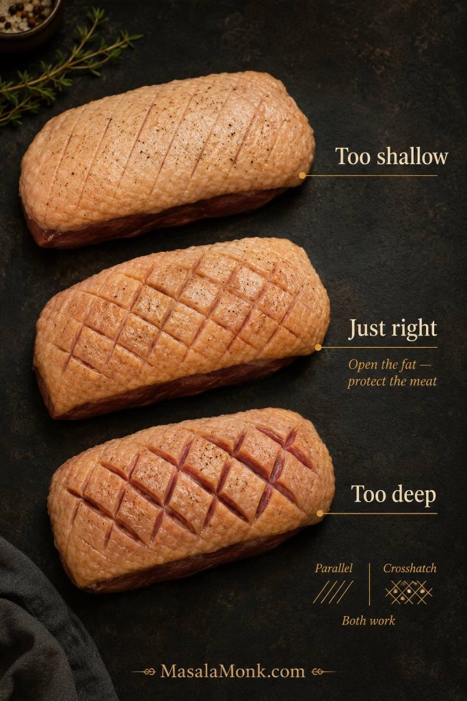 Duck breast scoring depth guide comparing too shallow, just right, and too deep cuts in the skin