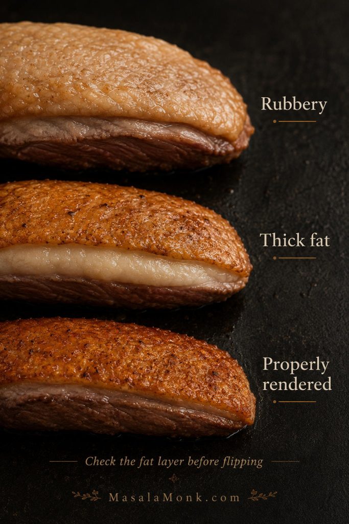 Close-up comparison of rubbery duck skin, thick fat under browned skin, and properly rendered thin fat layer