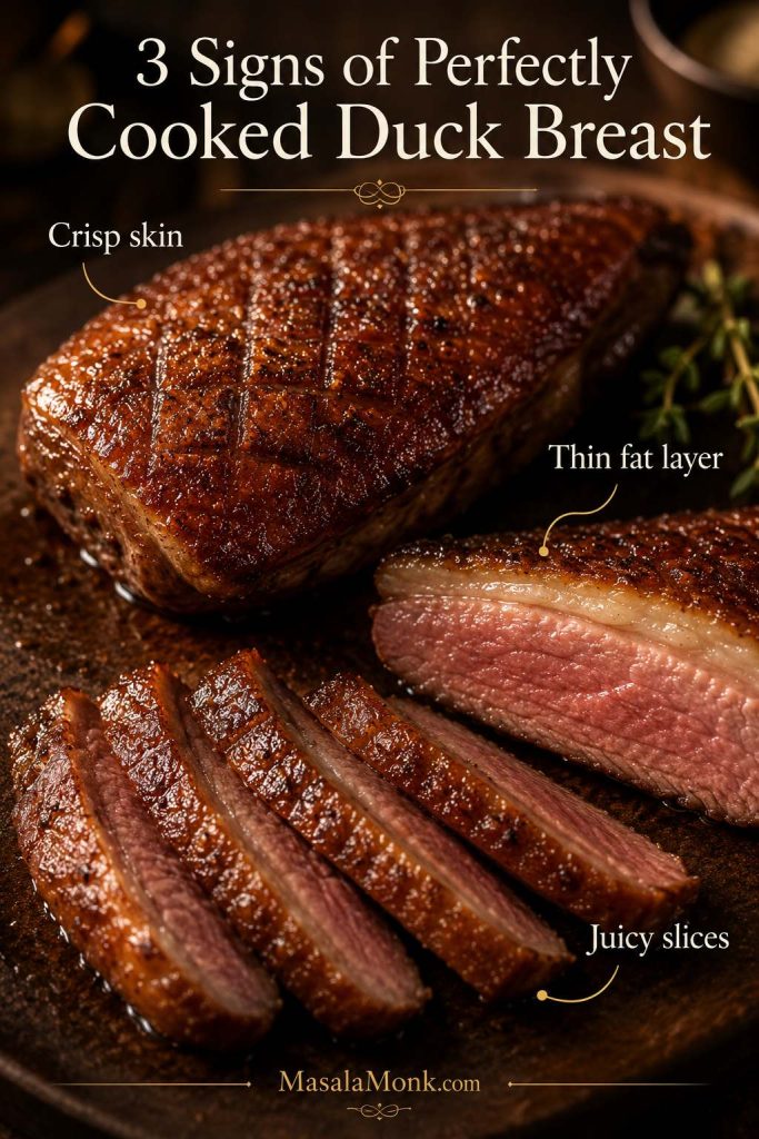 Close-up guide showing crispy duck skin, thin rendered fat layer, and juicy sliced duck breast