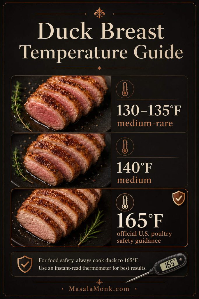 Duck breast temperature guide showing medium-rare, medium, and official United States poultry safety guidance