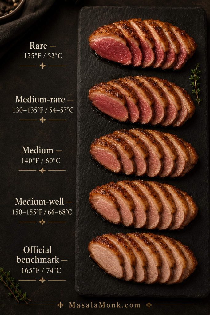 Duck breast temperature guide with sliced examples for rare, medium-rare, medium, medium-well, and 165°F benchmark