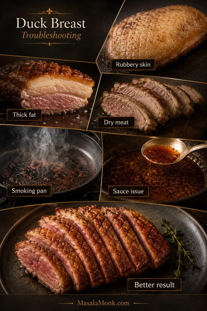 Duck breast troubleshooting guide showing rubbery skin, thick fat, dry meat, smoking pan, sauce issue, and better result