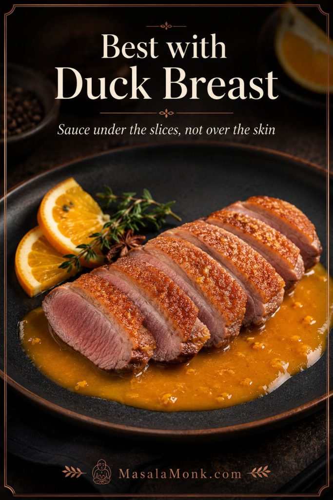 Sliced duck breast served over orange sauce with crisp skin kept dry