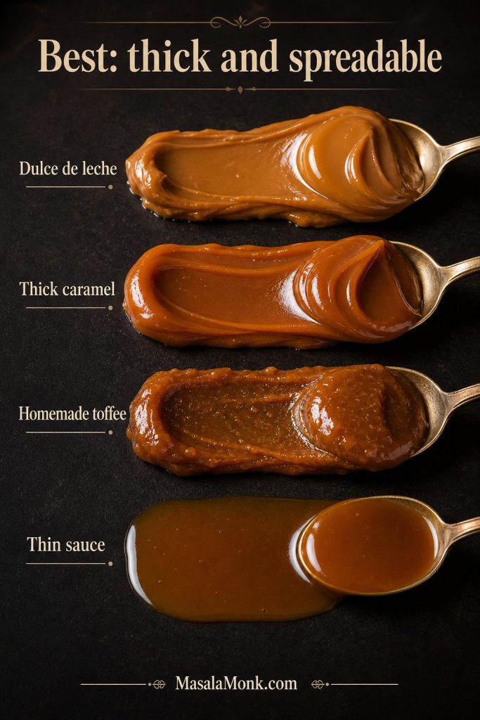 Dulce de leche, thick caramel, homemade toffee, and thin caramel sauce compared for Banoffee Pie.