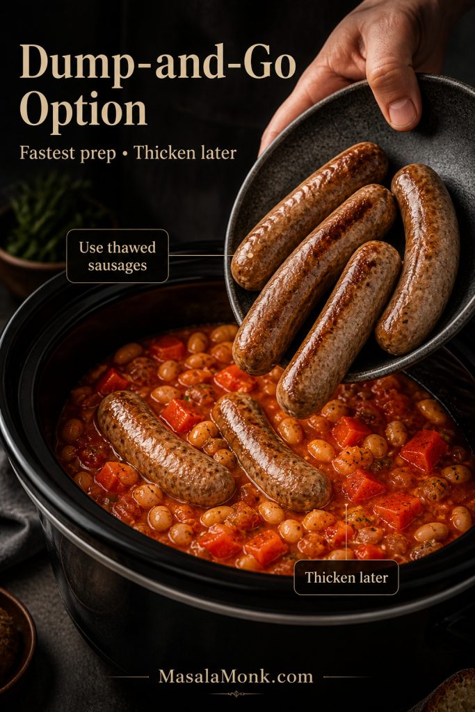 Thawed sausages being added to a slow cooker with beans, carrots and tomato sauce for a dump-and-go casserole.