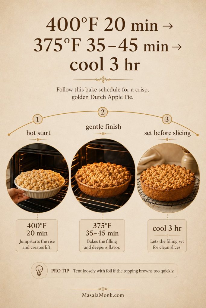 Dutch apple pie bake time guide showing 400°F for 20 minutes, 375°F for 35 to 45 minutes, and cooling for 3 hours.
