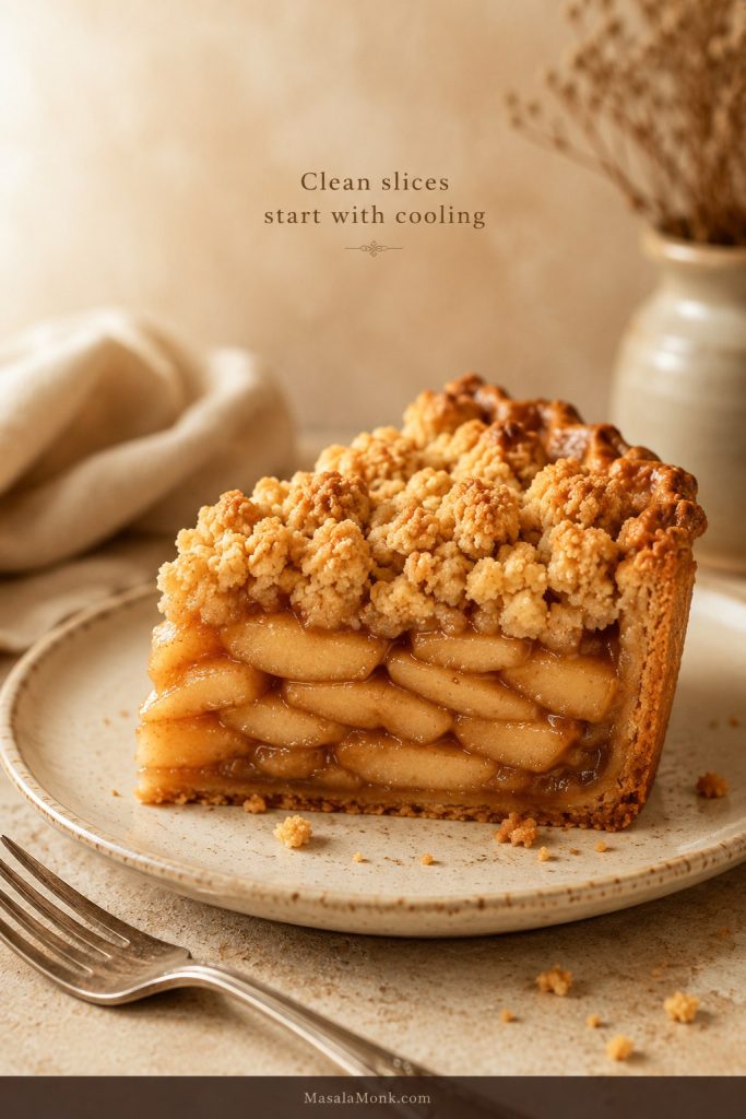 Clean slice of Dutch apple pie on a plate, showing bottom crust, apple filling, and crumb topping.