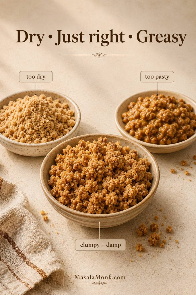 Crumb topping texture guide showing dry crumbs, just-right clumpy crumbs, and greasy pasty crumbs.
