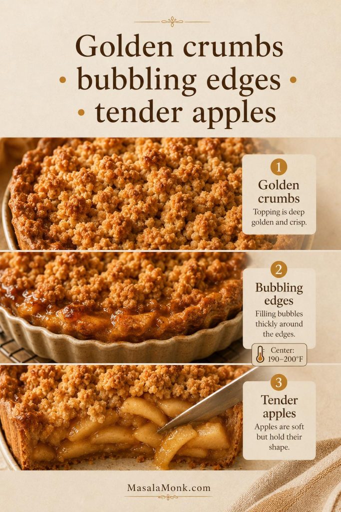 Dutch apple pie doneness guide showing golden crumbs, bubbling edges, tender apples, and a center temperature of 190 to 200°F.