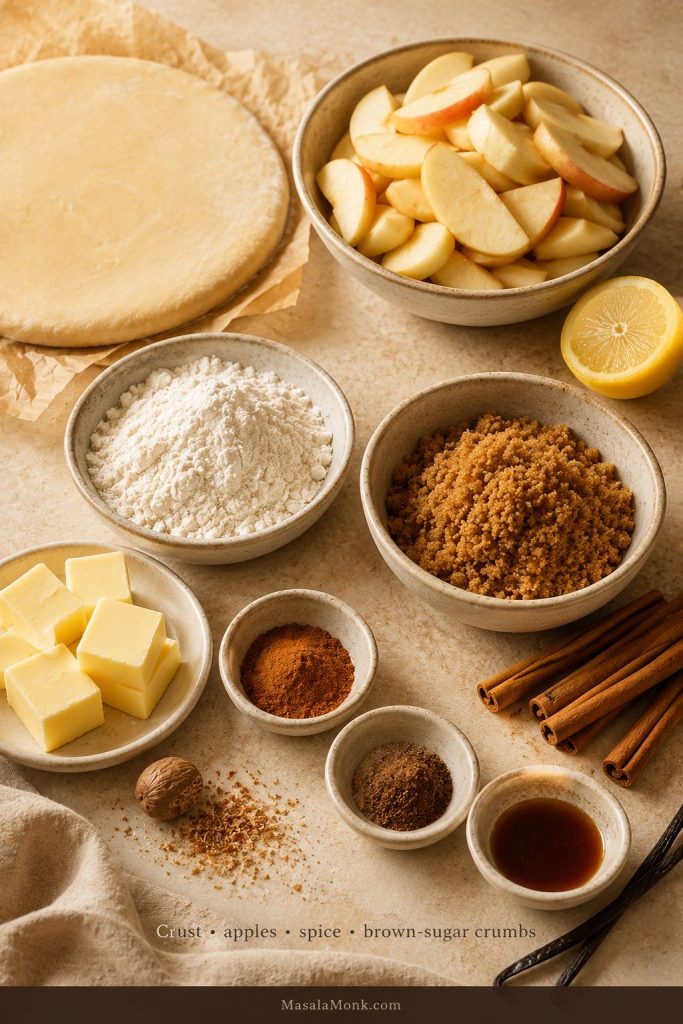 Ingredients for Dutch apple pie including apples, pie crust, butter, flour, brown sugar, lemon, vanilla, cinnamon, and nutmeg.