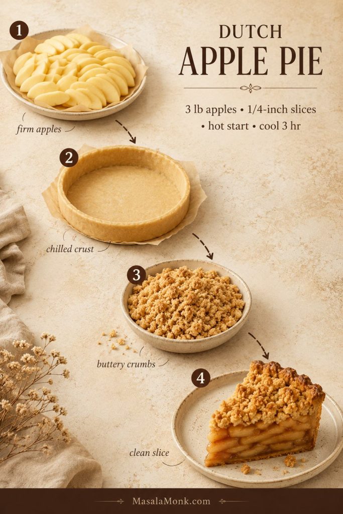 Quick answer board showing firm apples, chilled crust, crumb topping, hot-start baking, and cooling time for Dutch apple pie.