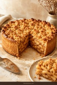 Deep-dish Dutch apple pie with golden crumb topping and a clean slice removed, showing apple filling and bottom crust.