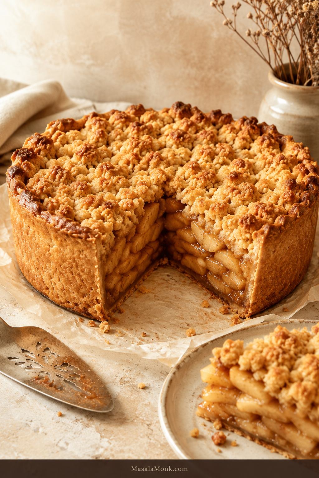 Deep-dish Dutch apple pie with golden crumb topping and a clean slice removed, showing apple filling and bottom crust.