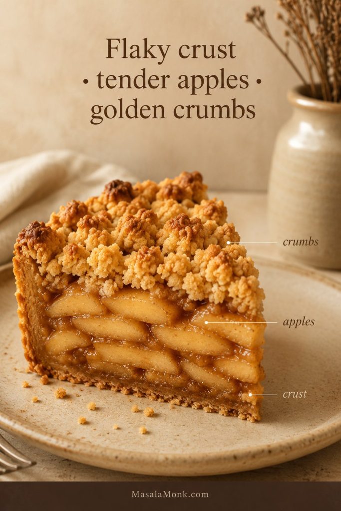 Dutch apple pie slice with callouts showing flaky crust, tender apple filling, and golden crumb topping.