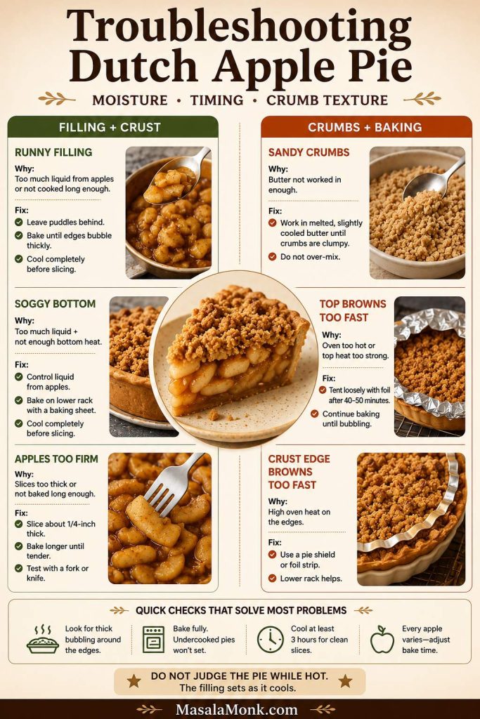 Troubleshooting guide for Dutch apple pie showing fixes for runny filling, soggy bottom, firm apples, sandy crumbs, over-browned topping, and browned crust edges.