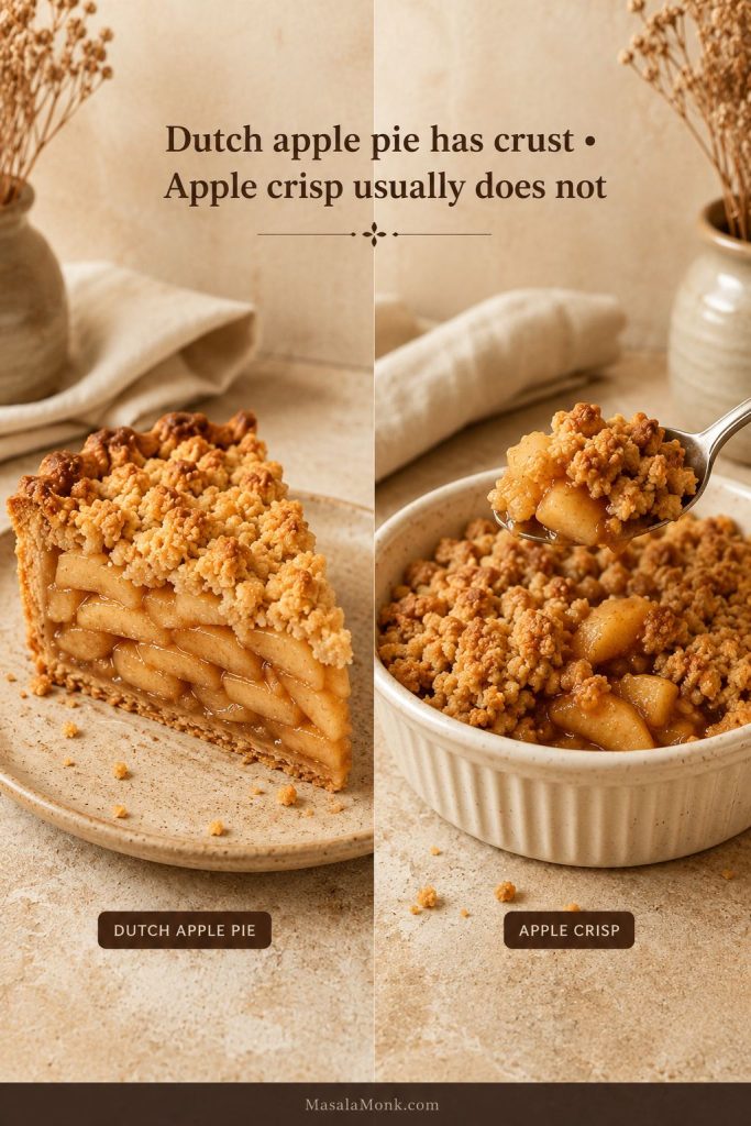 Dutch apple pie slice compared with apple crisp, showing that Dutch apple pie has a bottom crust while apple crisp does not.