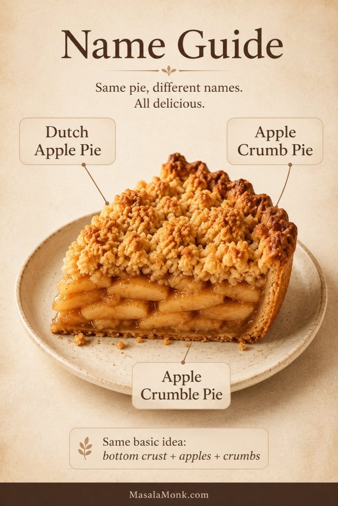 One crumb-topped apple pie slice labeled Dutch apple pie, apple crumb pie, and apple crumble pie to show overlapping names.