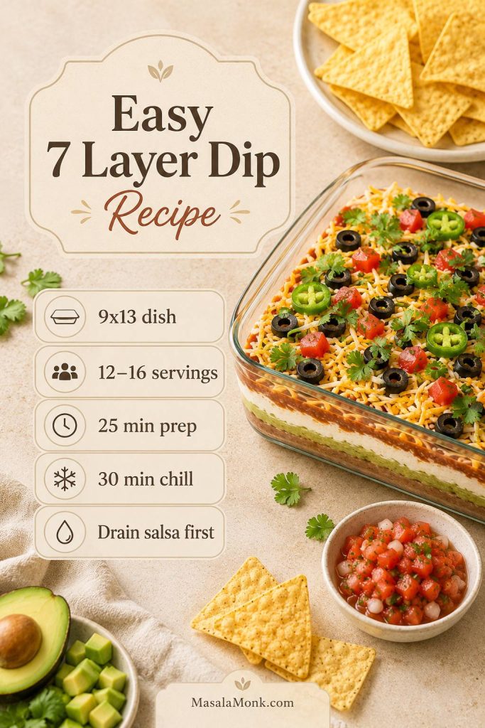 Saveable easy 7 layer dip recipe card with a finished dip, tortilla chips, and text for 9x13 dish, servings, prep time, chill time, and draining salsa first.