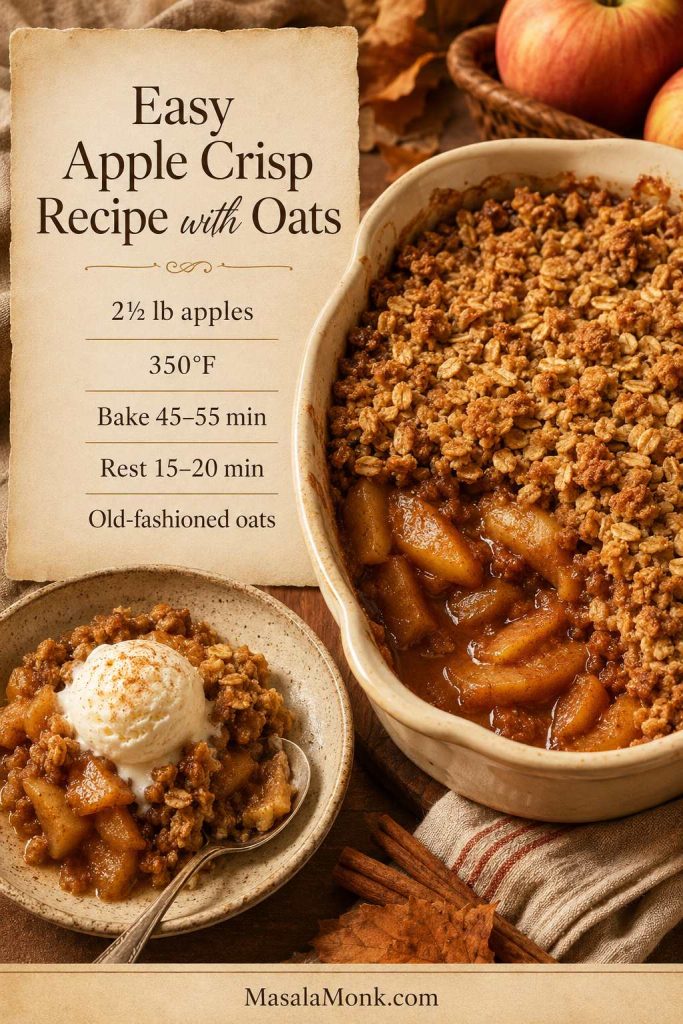 Saveable apple crisp recipe card with baked apple crisp, vanilla ice cream, apples, oats, bake time, and rest time.
