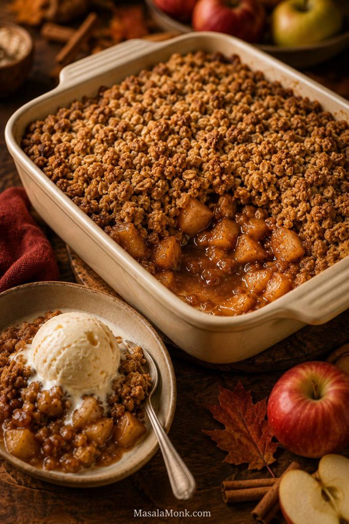 Warm apple crisp with oats served in a bowl with a spoonful of cinnamon apples and melting vanilla ice cream.