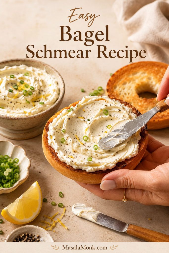 Homemade bagel schmear being spread on a toasted bagel with lemon, scallions, pepper, and a bowl of creamy spread nearby.