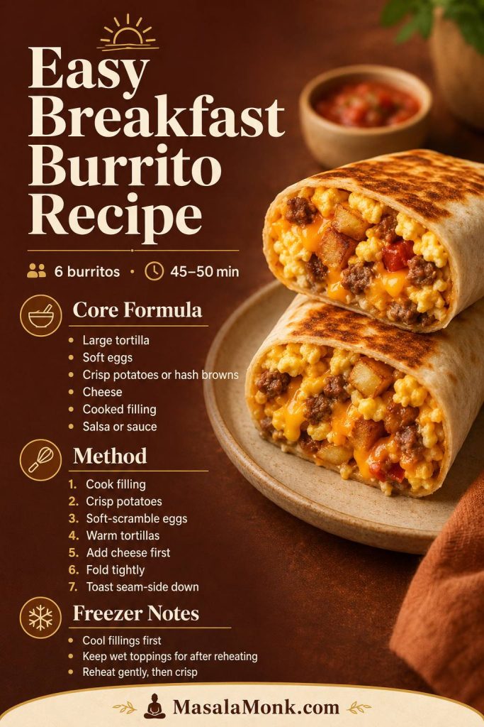 Saveable breakfast burrito recipe card with a burrito photo, ingredient formula, method steps, and freezer notes