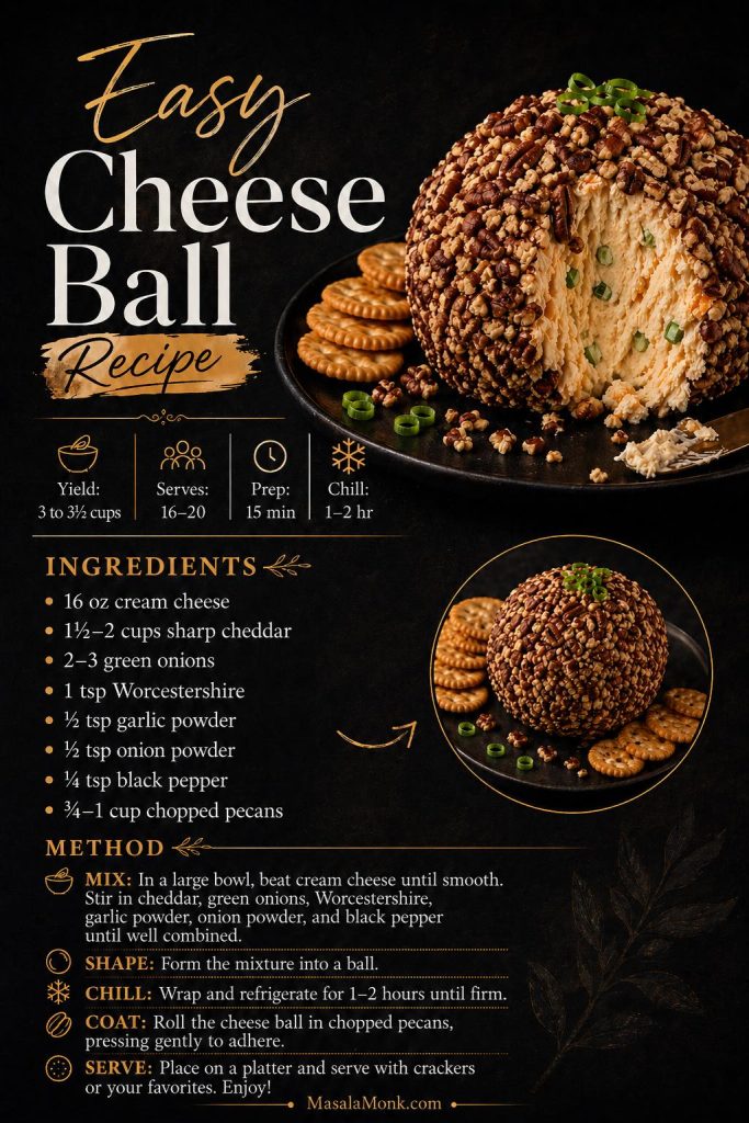 Recipe card graphic for an easy cheese ball recipe with a photo of the finished cheese ball, yield and timing details, an ingredient list including cream cheese, sharp cheddar, green onions, Worcestershire, seasonings, and pecans, plus a short method.