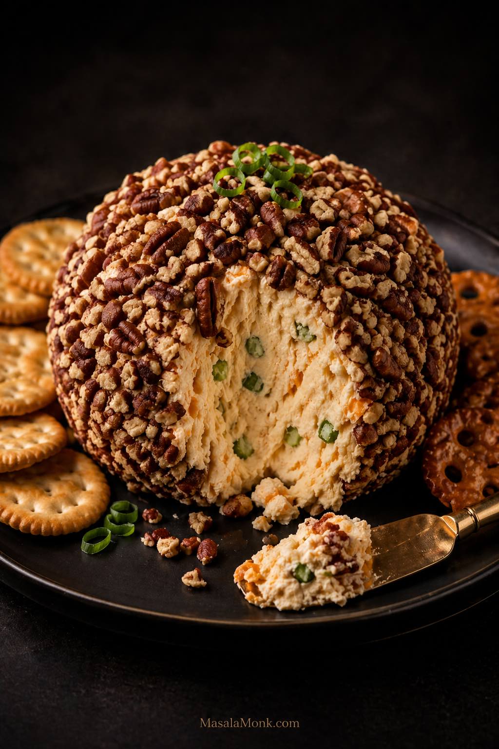 Close-up of a pecan-coated cheese ball on a dark plate with round crackers and a spreader, with a scoop taken out to show the creamy cheddar and green onion filling inside.