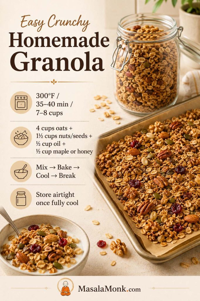 Saveable recipe card for easy crunchy homemade granola with oven temperature, bake time, yield, base ratio, method summary, and storage cue.