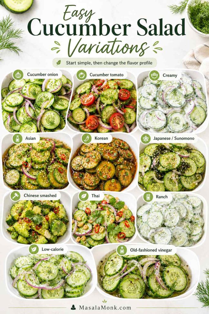 Variation board showing cucumber onion, cucumber tomato, creamy, Asian, Korean, Japanese sunomono, Chinese smashed, Thai, ranch, low-calorie, and old-fashioned vinegar cucumber salads.
