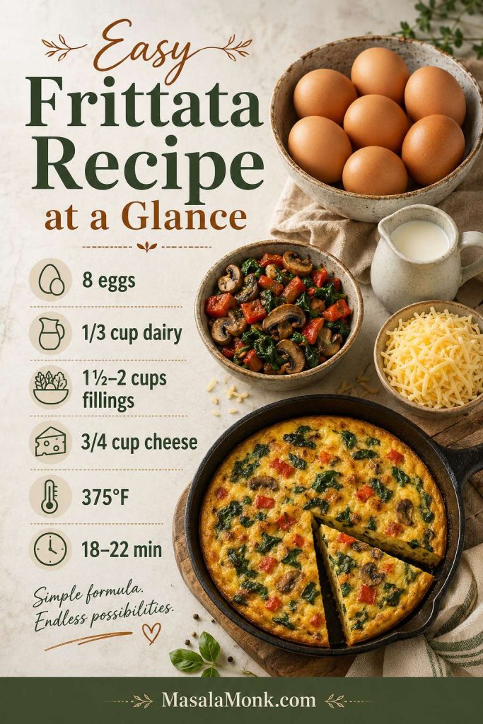 At-a-glance frittata guide showing 8 eggs, 1/3 cup dairy, 1 1/2 to 2 cups cooked fillings, 3/4 cup cheese, and 375°F bake temperature.
