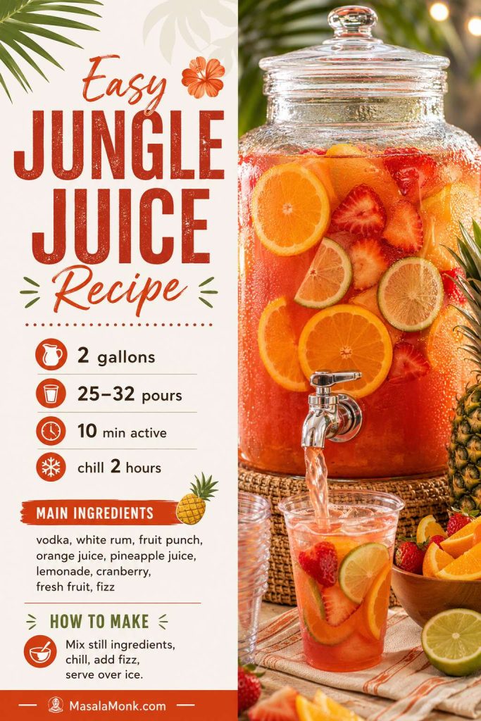 Saveable recipe card for easy jungle juice showing a 2-gallon yield, 25 to 32 pours, active time, chill time, and main ingredients.