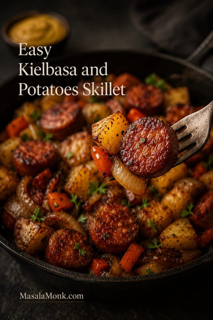 Fork lifting a bite of kielbasa, potato, onion, and bell pepper from a skillet.