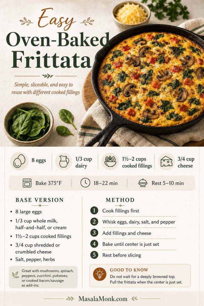 Saveable oven-baked frittata recipe card showing 8 eggs, 1/3 cup dairy, 1 1/2 to 2 cups cooked fillings, 3/4 cup cheese, 375°F, 18 to 22 minutes, and 5 to 10 minutes rest time.