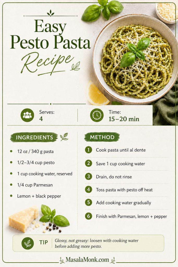 Easy pesto pasta recipe card with ingredients, method steps, serving time and a bowl of pesto pasta